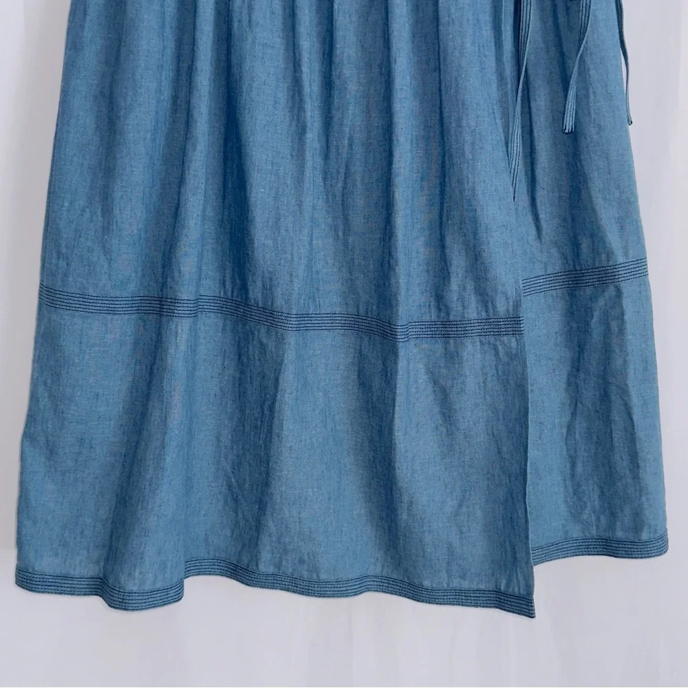 Tory Burch NWT Chambray linen blend pleated tiered wrap side tie midi skirt 6